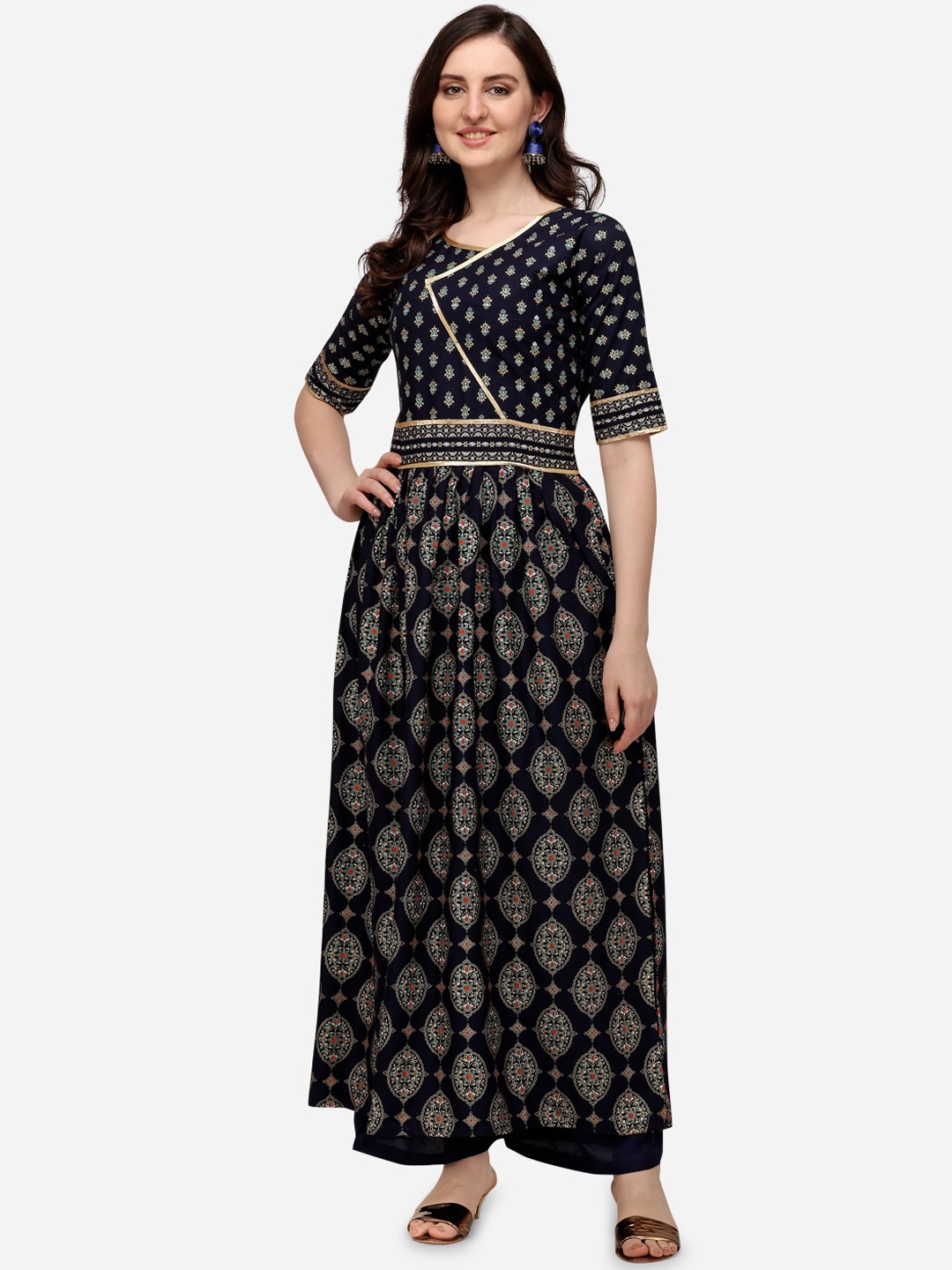 

Florence Ethnic Motifs Printed Anarkali Kurta with Palazzos, Navy blue