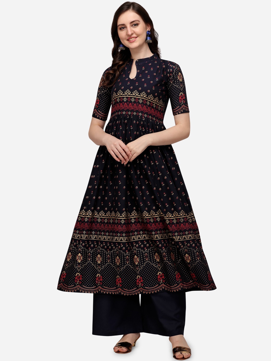 

Florence Ethnic Motifs Printed Anarkali Kurta with Palazzos, Navy blue