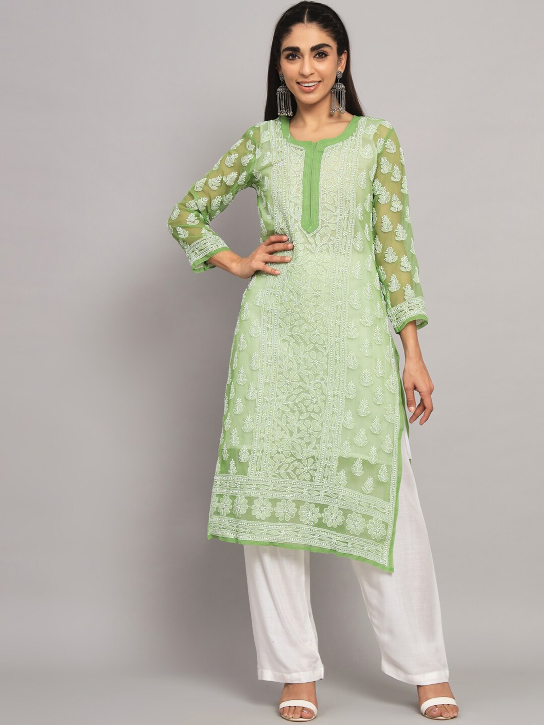 

PARAMOUNT CHIKAN Ethnic Motifs Embroidered Chikankari Straight Georgette Kurta with Slip, Green