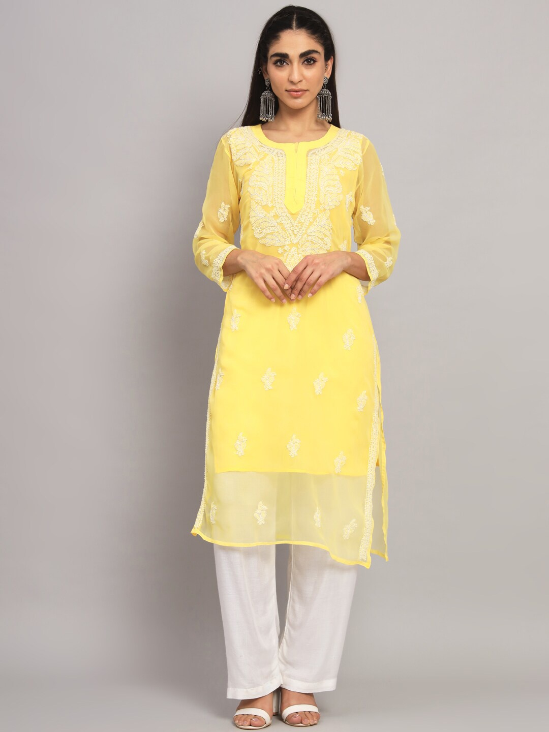 

PARAMOUNT CHIKAN Ethnic Motif Embroidered Chikankari Georgette Kurta With Slip, Yellow