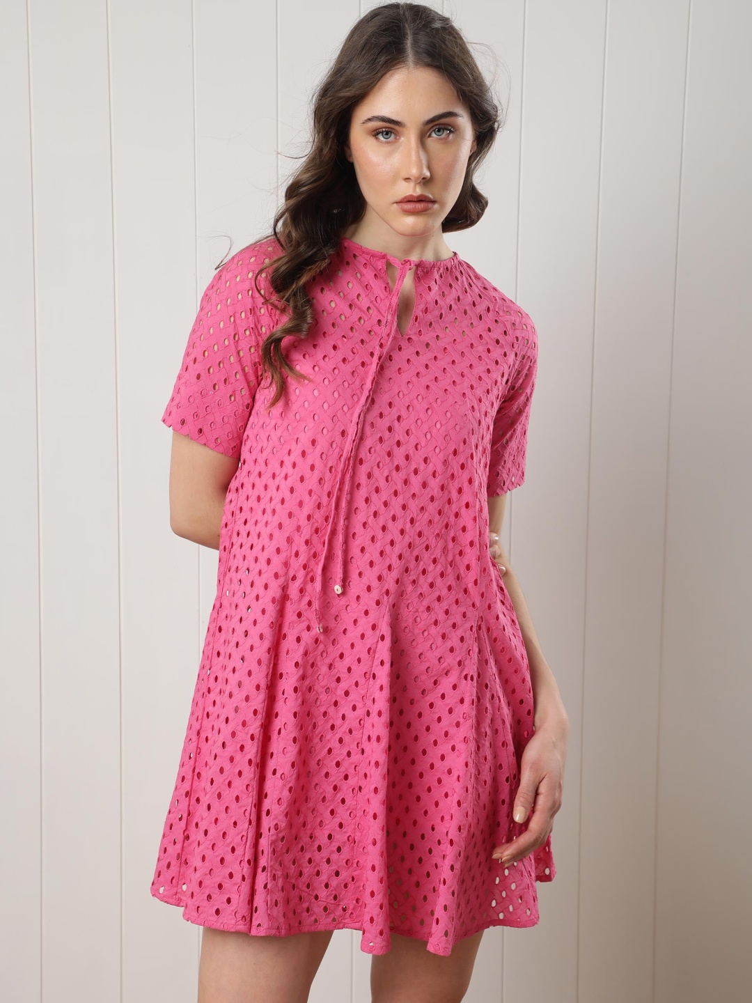 

RAREISM Tie-Up Neck Self Design Dress, Pink