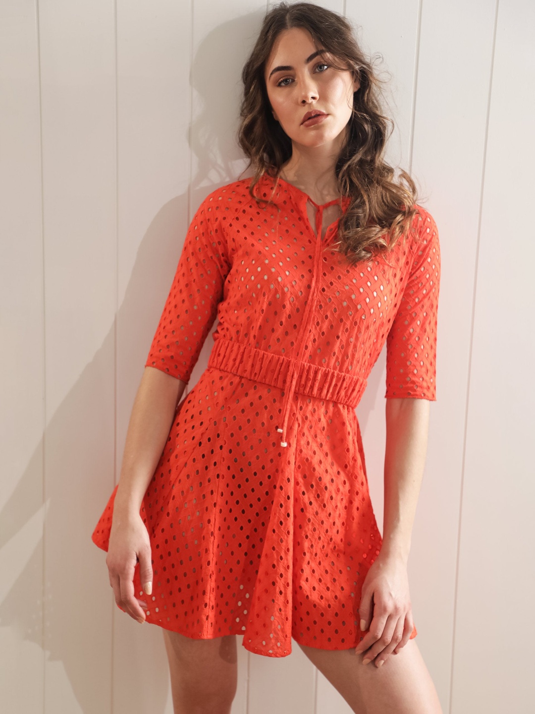 

RAREISM Self Design Tie-Ups Neck Midi Dress, Orange