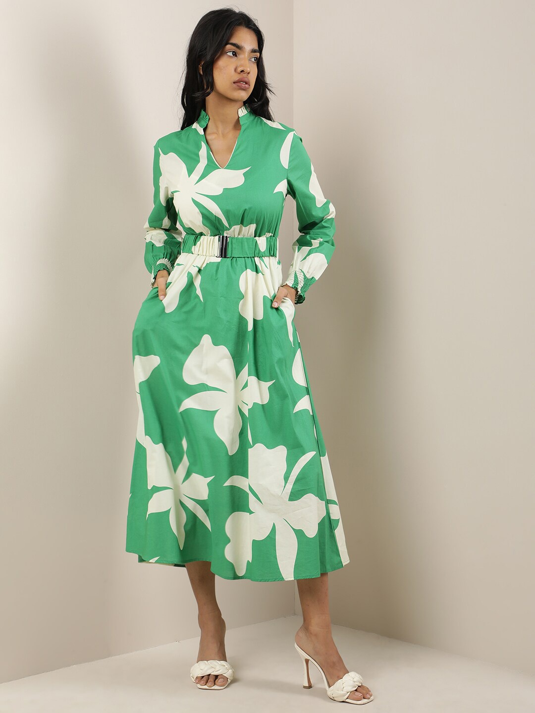 

RAREISM Floral A-Line Midi Dress, Green