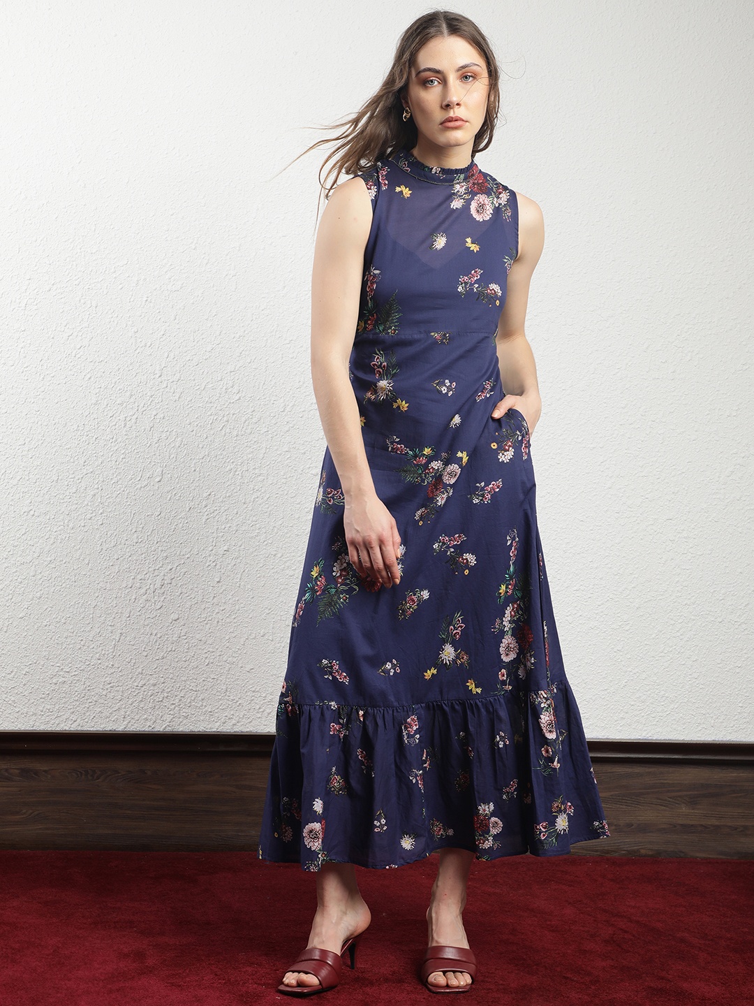 

RAREISM High Neck Floral Printed A-Line Dress, Navy blue