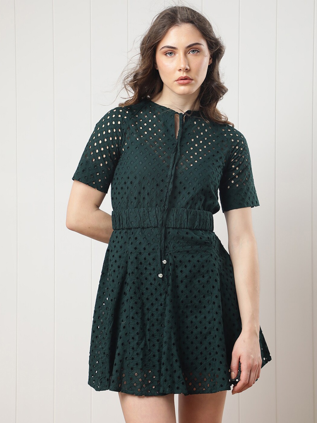 

RAREISM Tie-Ups Neck A-Line Dress, Green