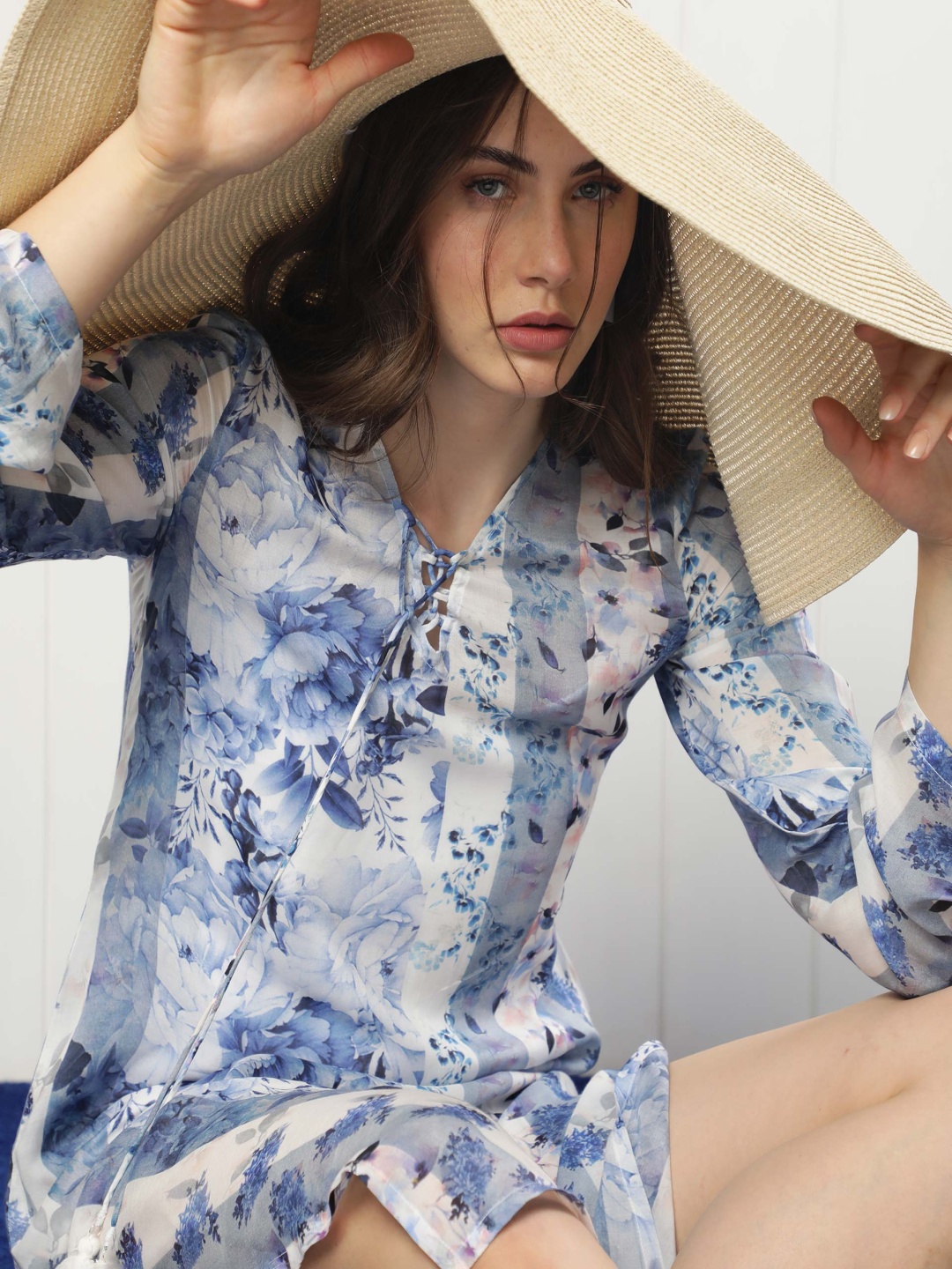 

RAREISM Floral Printed Tie-Up Neck A-Line Midi Dress, Blue