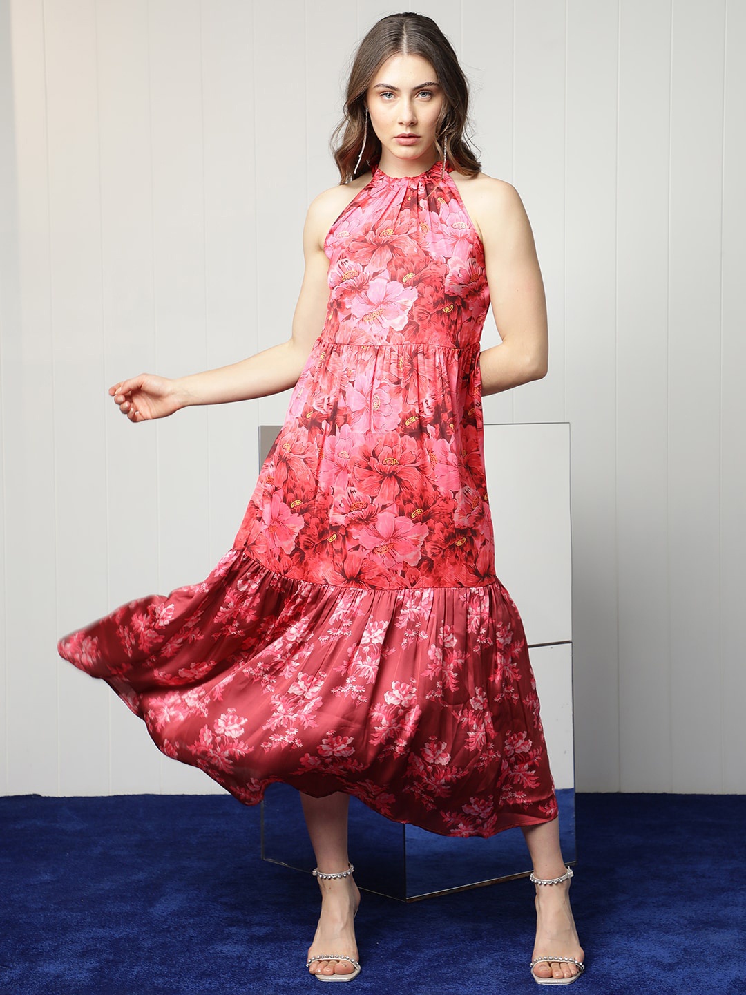 

RAREISM Floral Printed Tiered Fit & Flare Maxi Dress, Pink