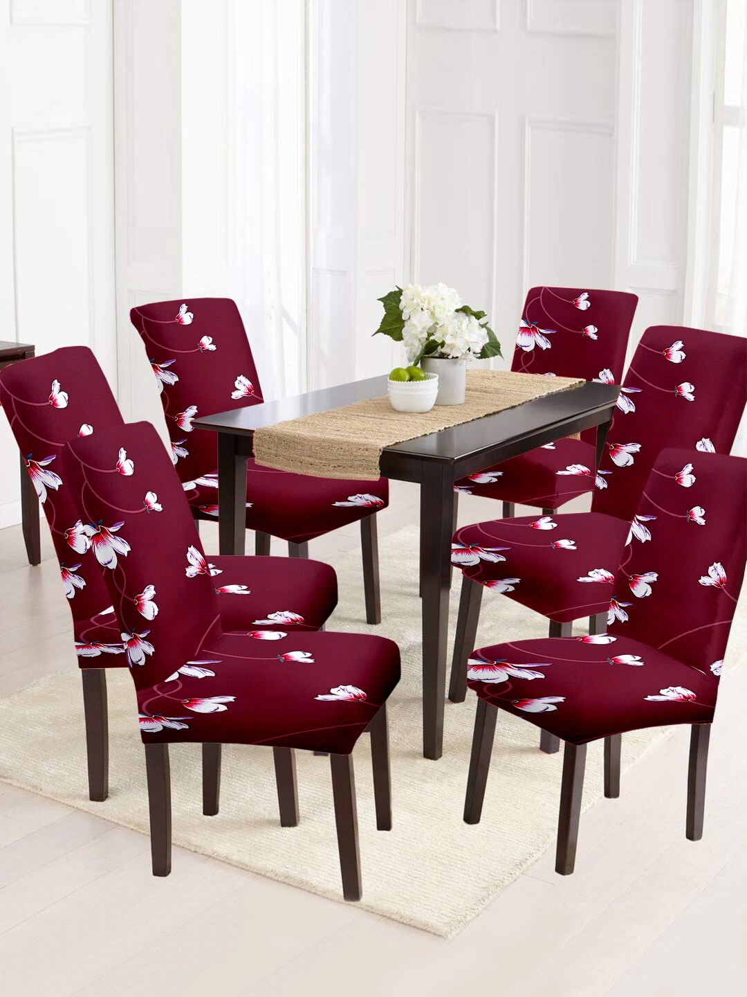 

Cortina Maroon & White 6 Pieces Printed Super Stretchable Chair Covers
