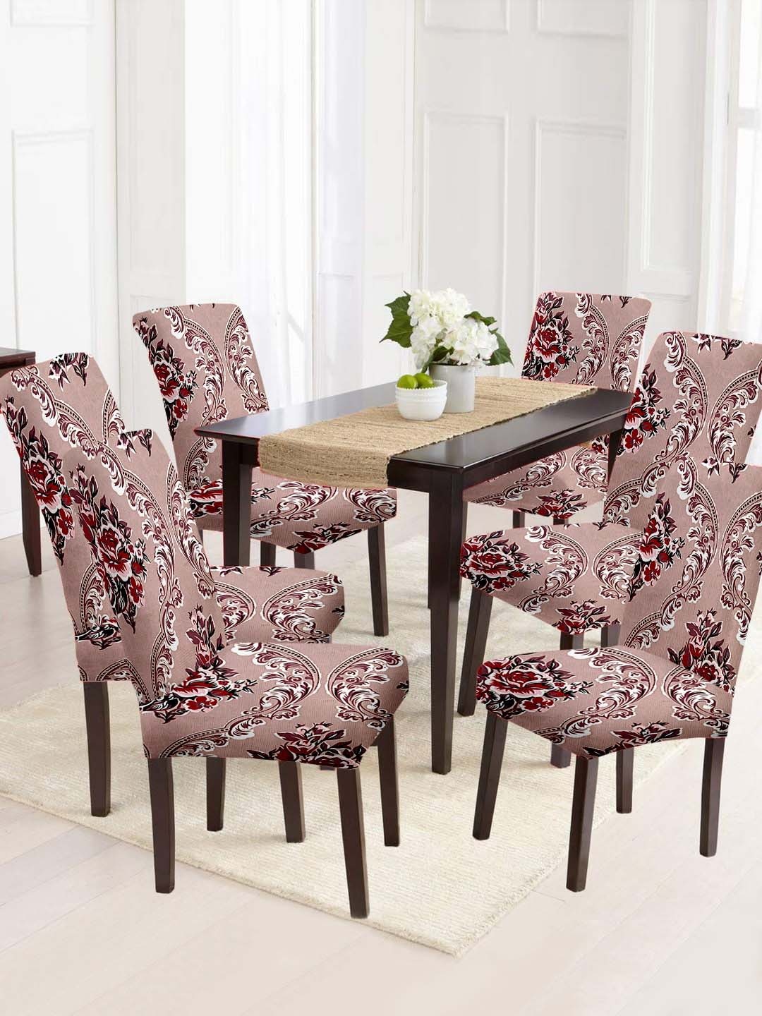 

Cortina Peach & Maroon 6 Pieces Printed Super Stretchable Chair Covers