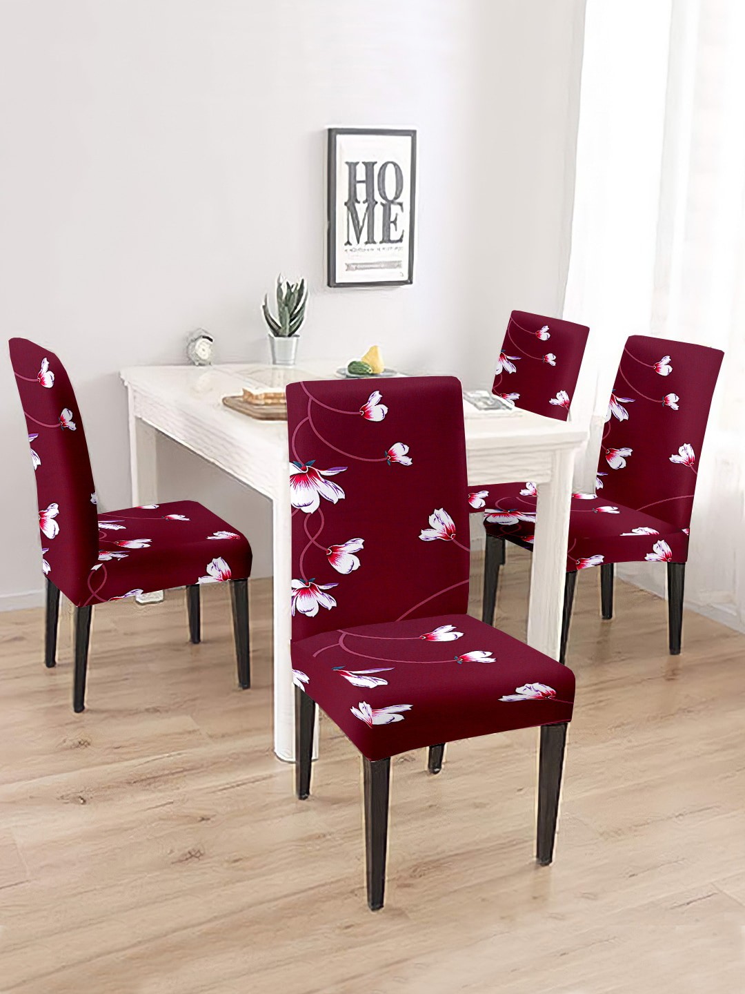 

Cortina Maroon & White 4 Pieces Printed Super Stretchable Chair Covers