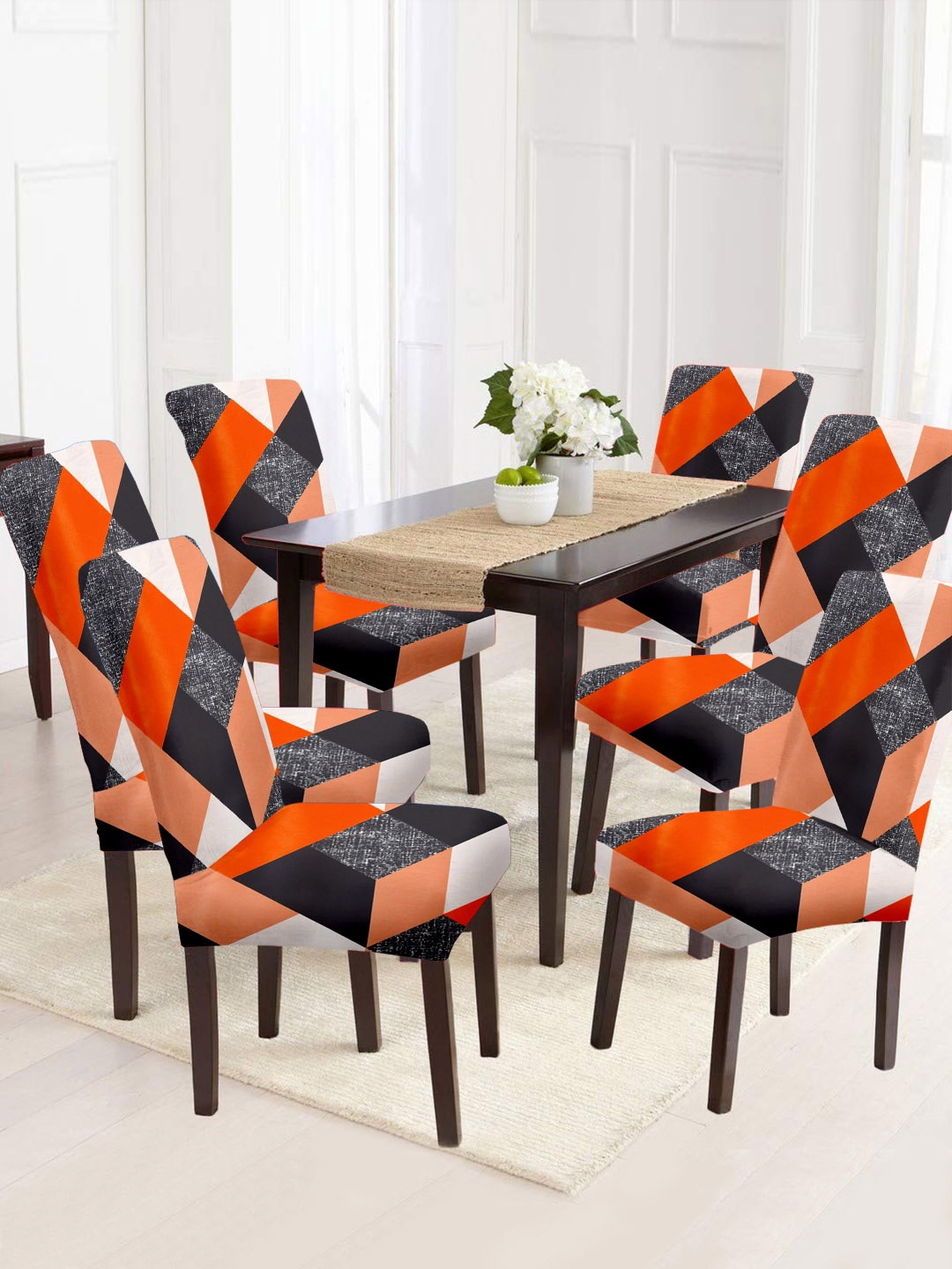 

Cortina Orange & Black 6 Pieces Printed Super Stretchable Chair Covers