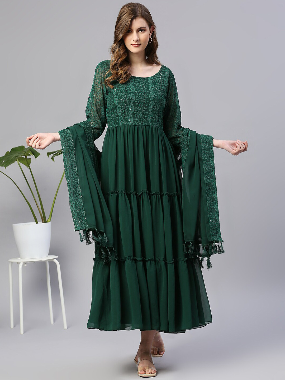 

KALINI Embroidered Georgette Maxi A-Line Ethnic Dress With Dupatta, Green