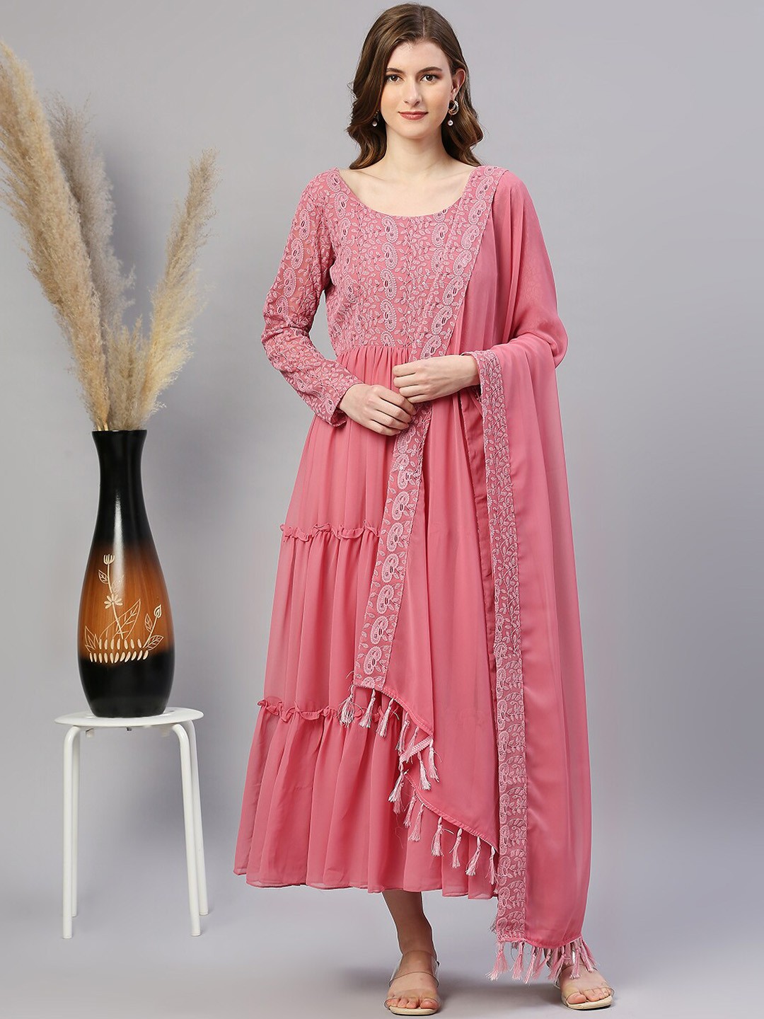 

KALINI Embroidered Georgette Maxi A-Line Ethnic Dress With Dupatta, Pink