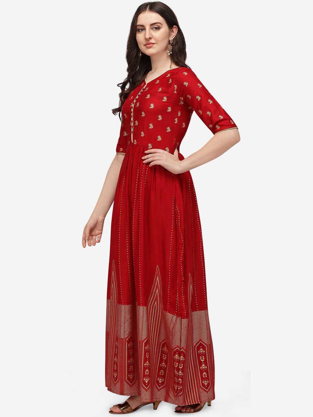 

Florence V-Neck Ethnic Motifs Foil Printed Anarkali Kurta, Red