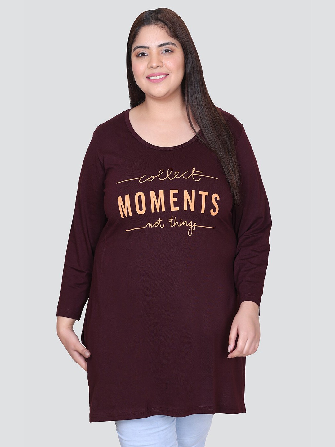 

CUPID Plus Size Typography Printed Longline Cotton Top, Maroon