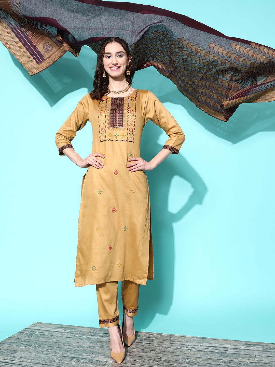 

Sangria Women Thread Work Kurta with Trousers & With Dupatta, Beige