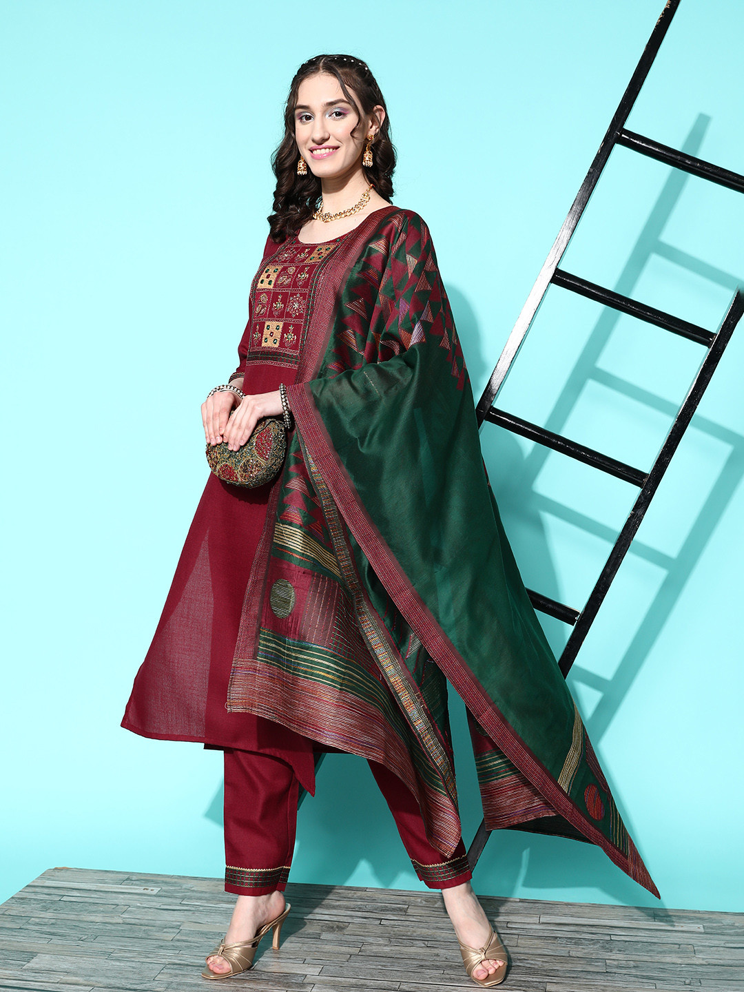 

Sangria Women Mirror Work Kurta with Trousers & With Dupatta, Maroon