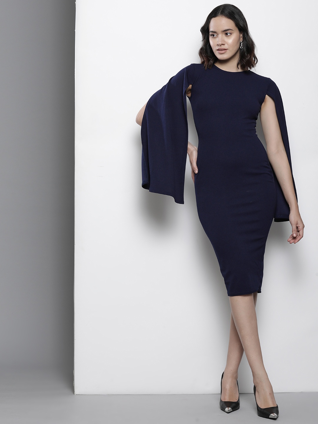 

Boohoo Cape Sleeve Bodycon Midi Dress, Navy blue