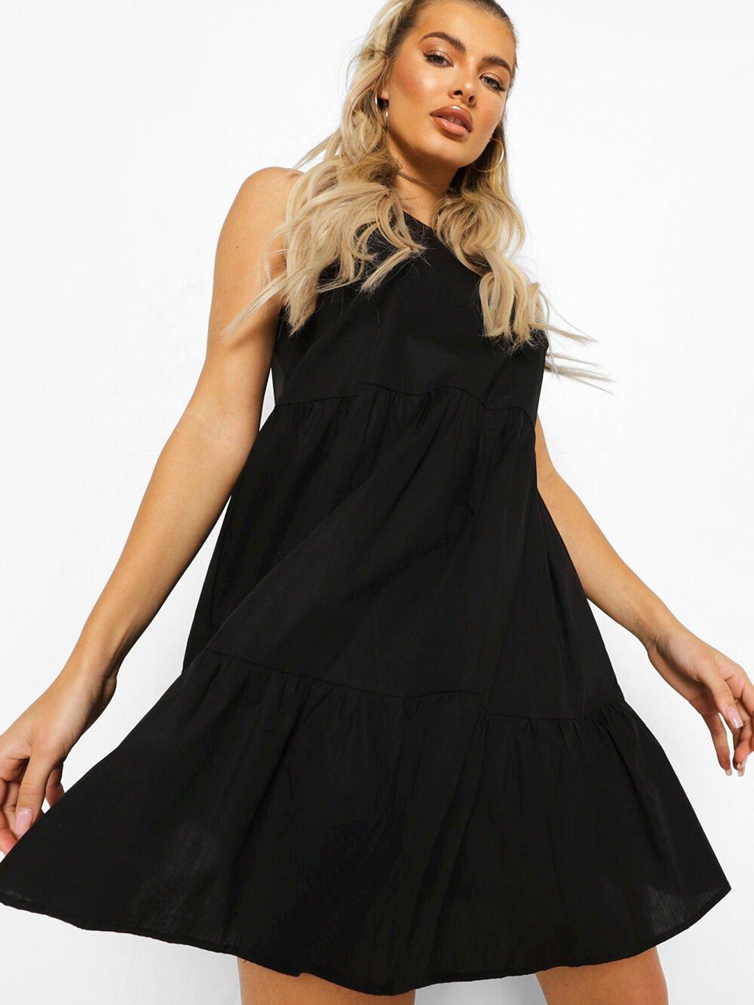 

Boohoo Tiered A-Line Pure Cotton Dress, Black