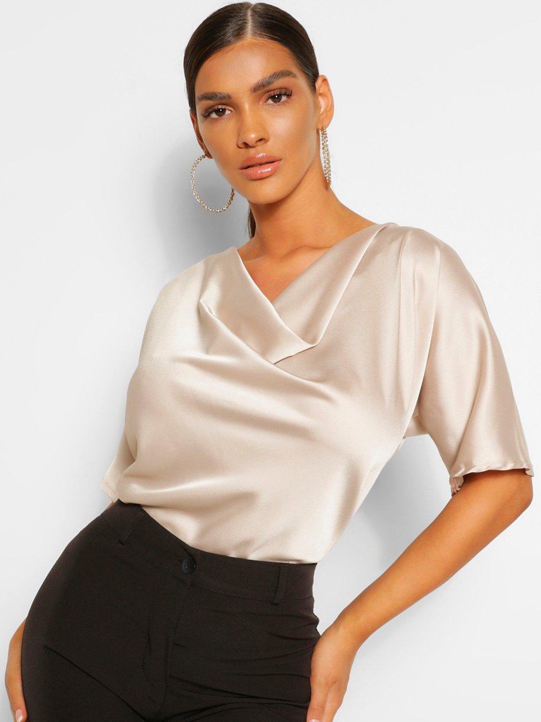 

Boohoo Cowl Neck Extended Sleeves Satin Top, Taupe
