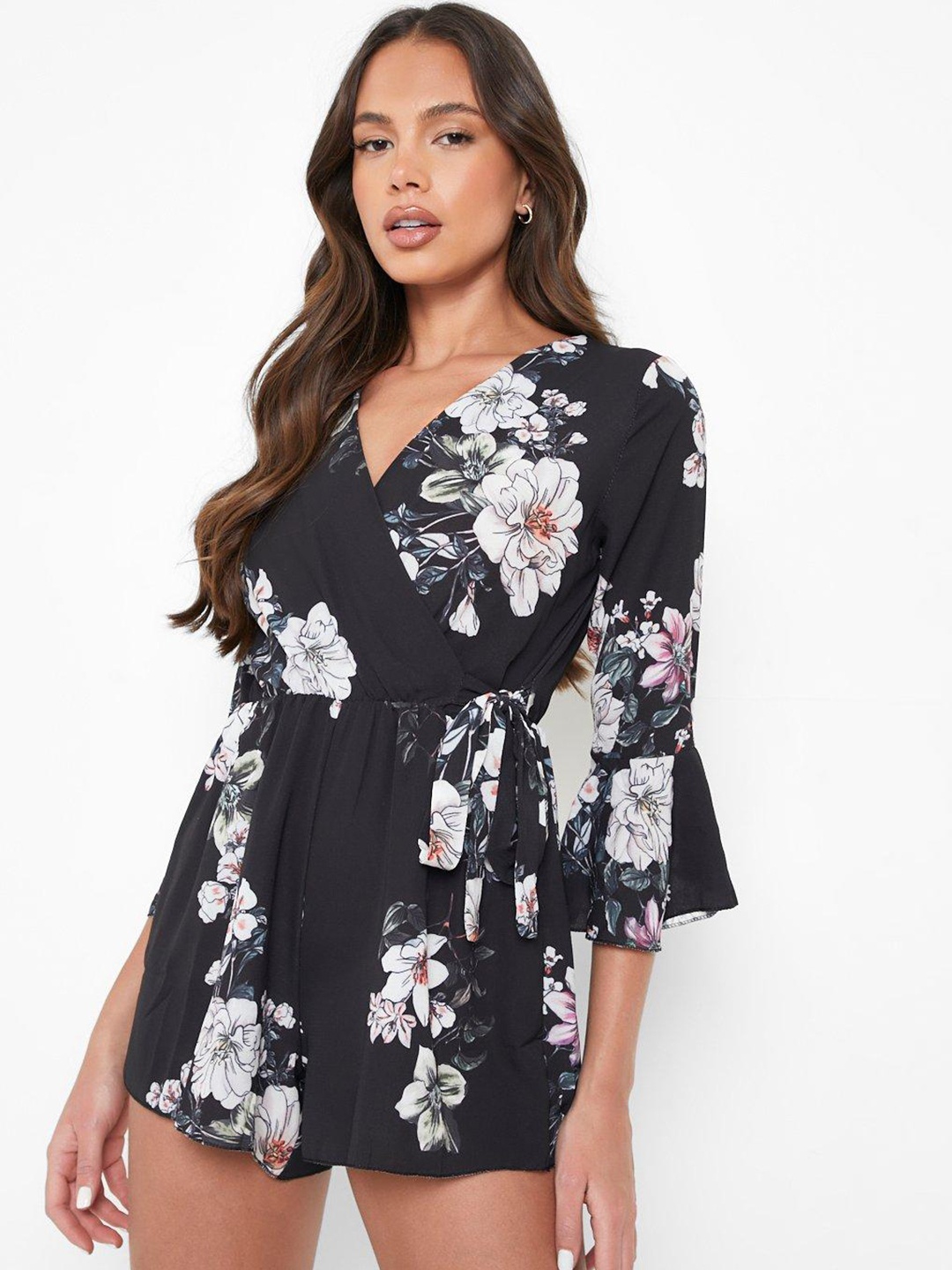 

Boohoo Floral Print Bell Sleeves Wrap Playsuit, Black