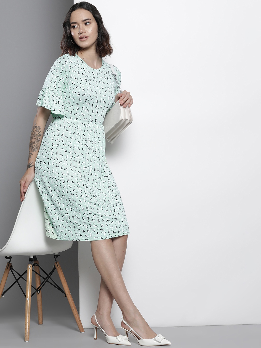 

Boohoo Floral Print Bell Sleeves A-Line Dress, Green