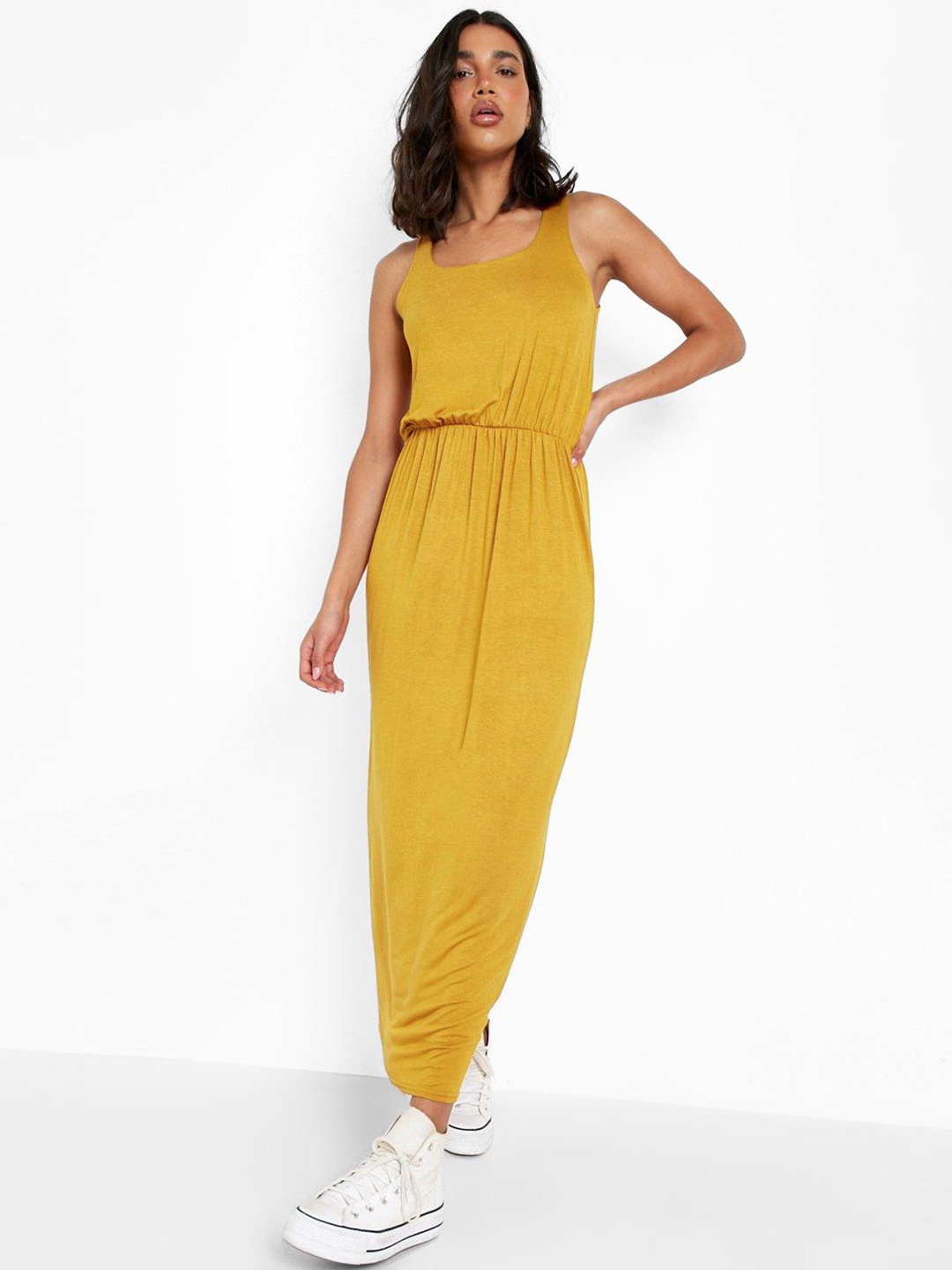 

Boohoo Solid Gathered & Pleated Maxi Dress, Mustard