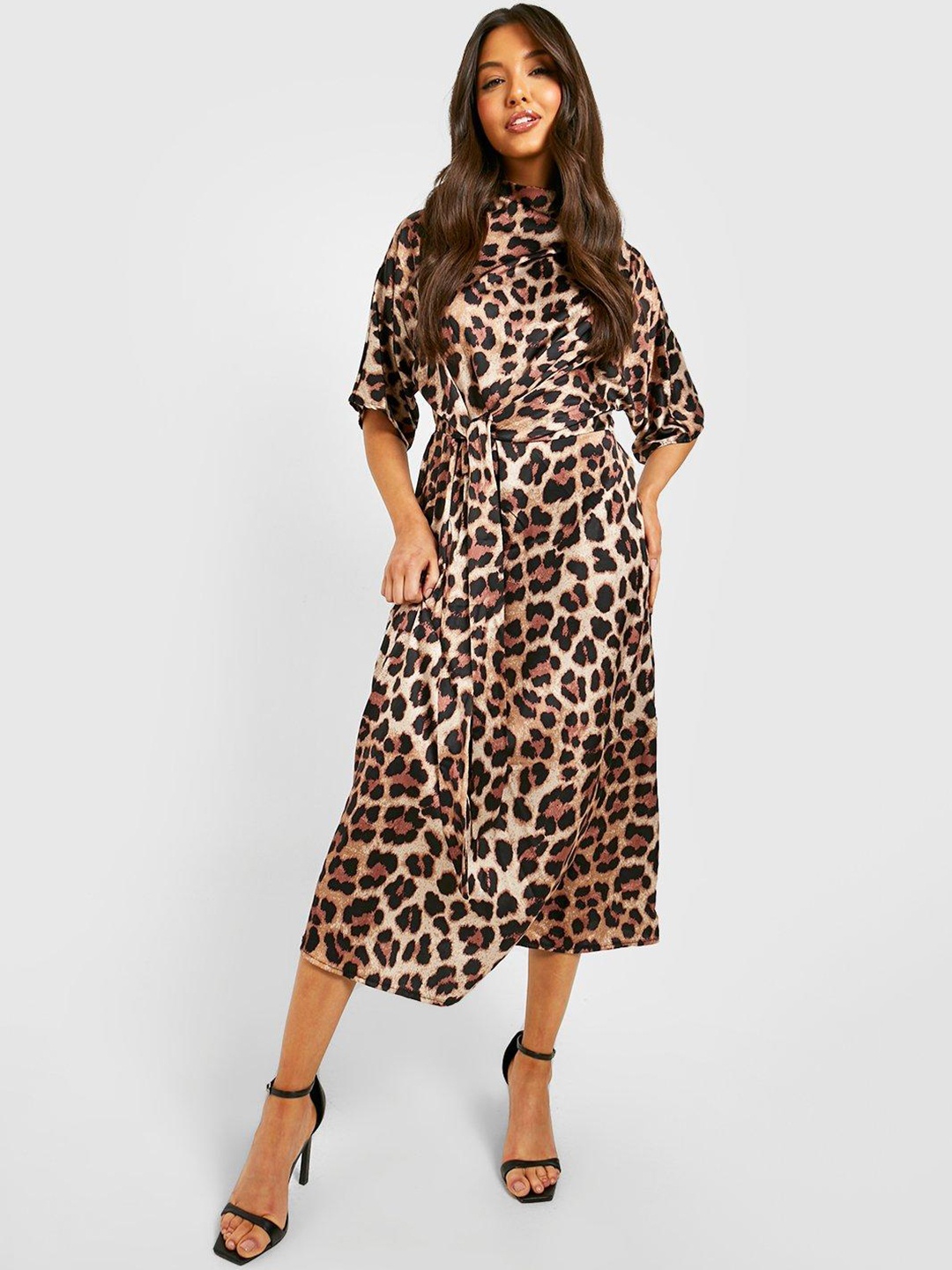 

Boohoo Leopard Print Satin Finish A-Line Midi Dress, Brown