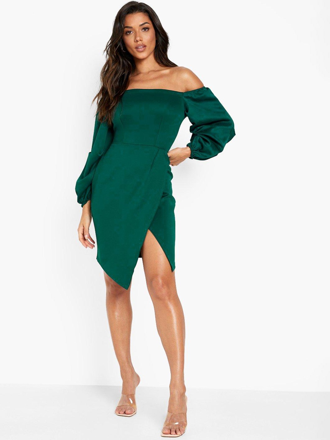 

Boohoo Off-Shoulder Side Slit A-Line Dress, Green