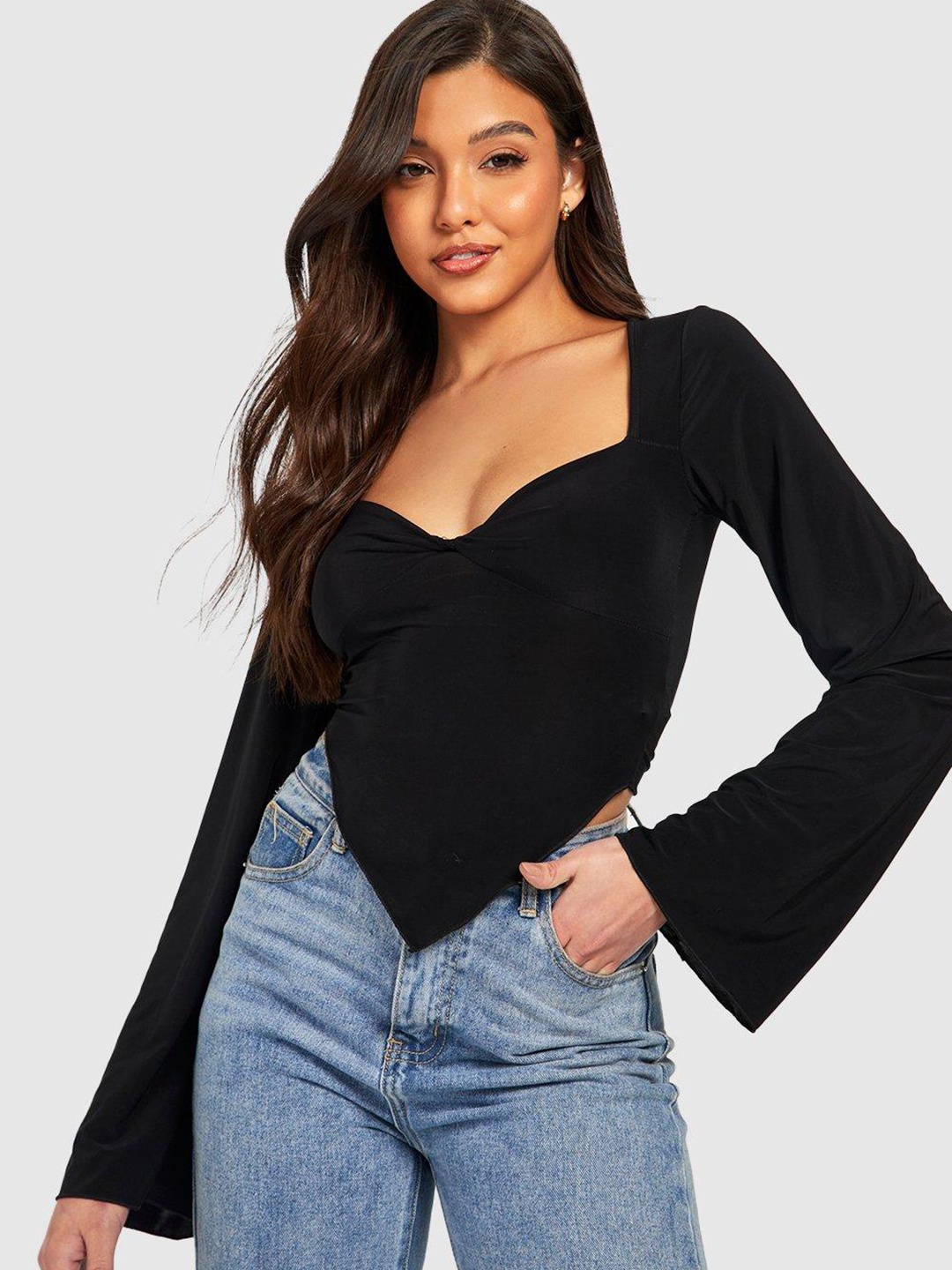 

Boohoo Corset-Style Flared Sleeves Crop Top, Black
