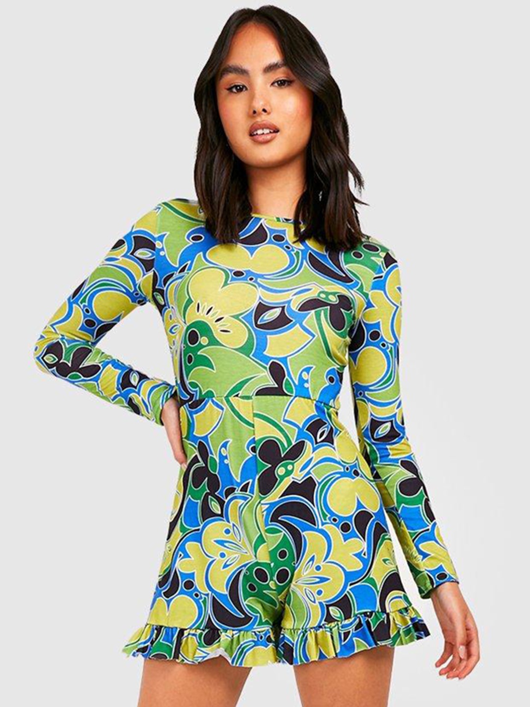 

Boohoo Printed Ruffled Hem Cut-Out Back Playsuit, Green