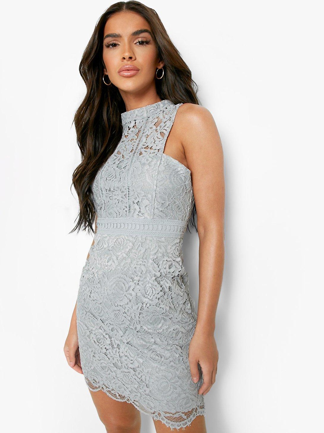 

Boohoo High Neck Lace Bodycon Mini Dress, Blue
