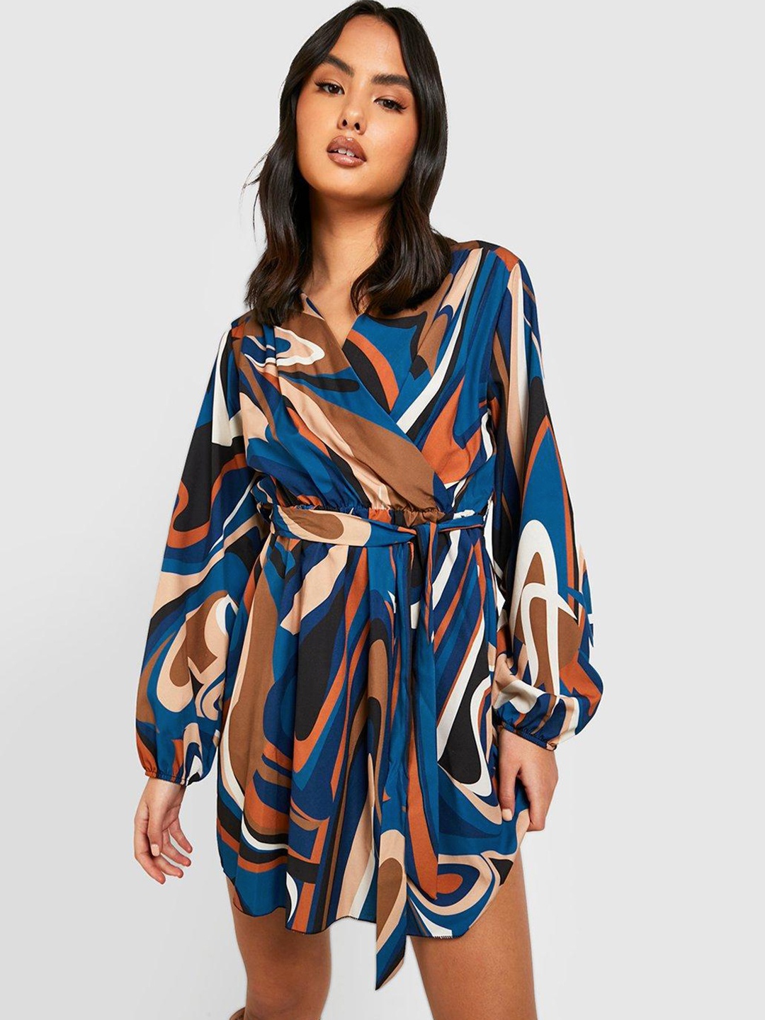 

Boohoo Printed Wrap Mini Dress, Blue