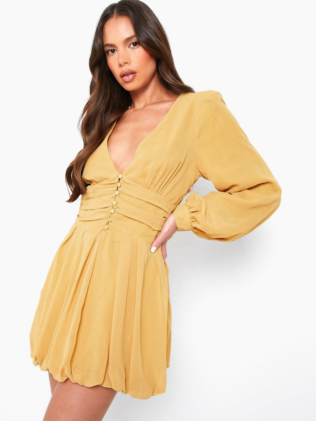 

Boohoo V-Neck Puff Sleeve A-Line Dress, Yellow