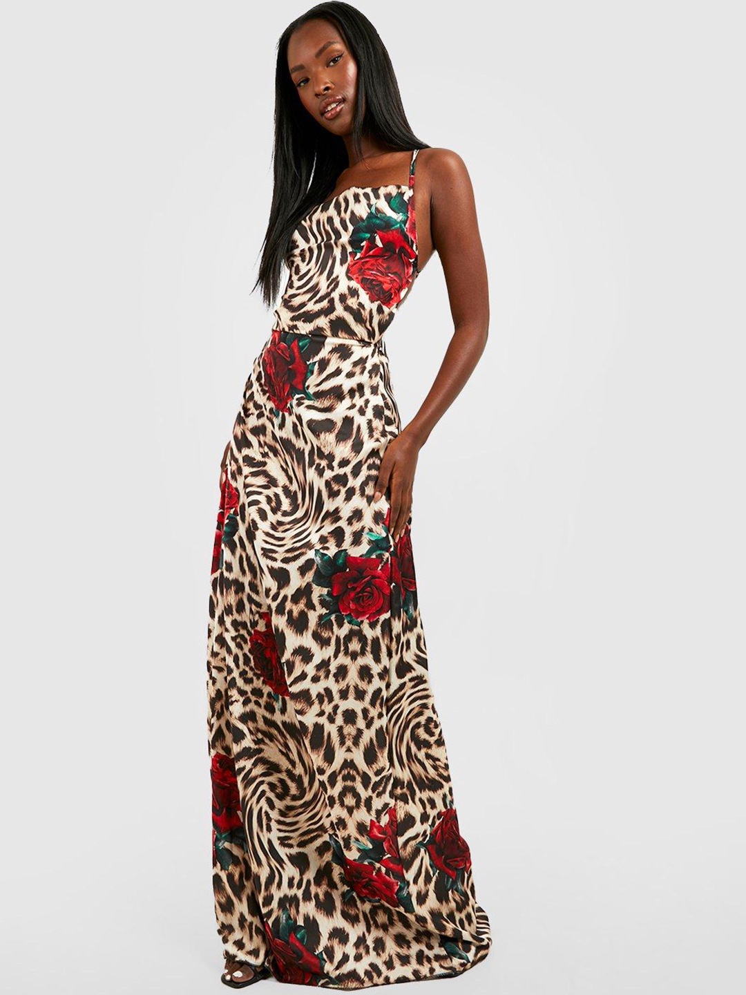 

Boohoo Floral Printed Satin Maxi Dress, Beige