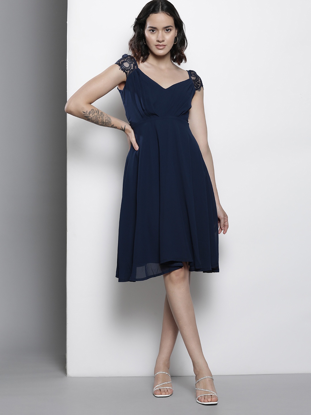 

Boohoo Lace Detailed Chiffon Skater Dress, Navy blue