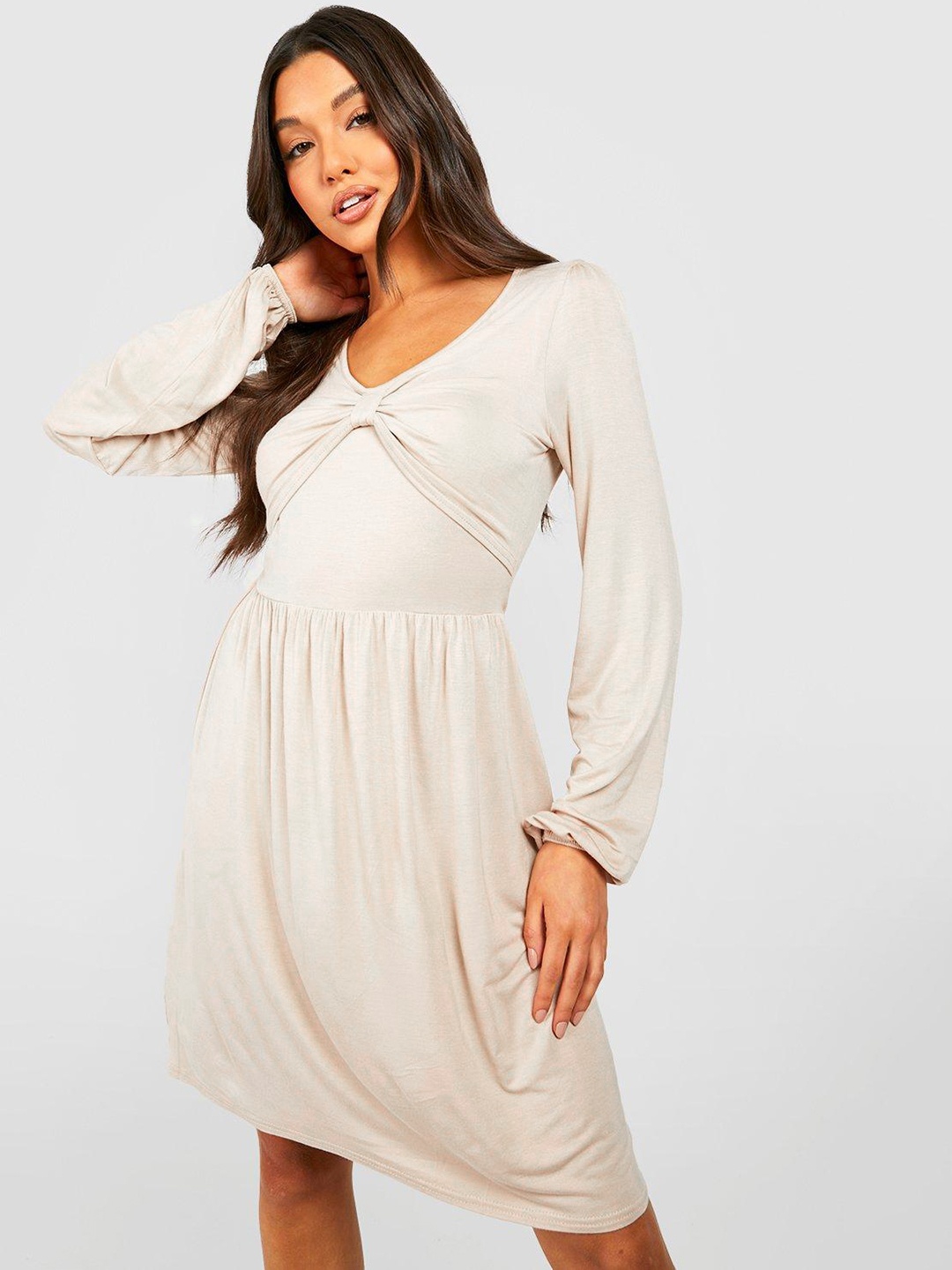 

Boohoo Twisted A-Line Dress, Beige