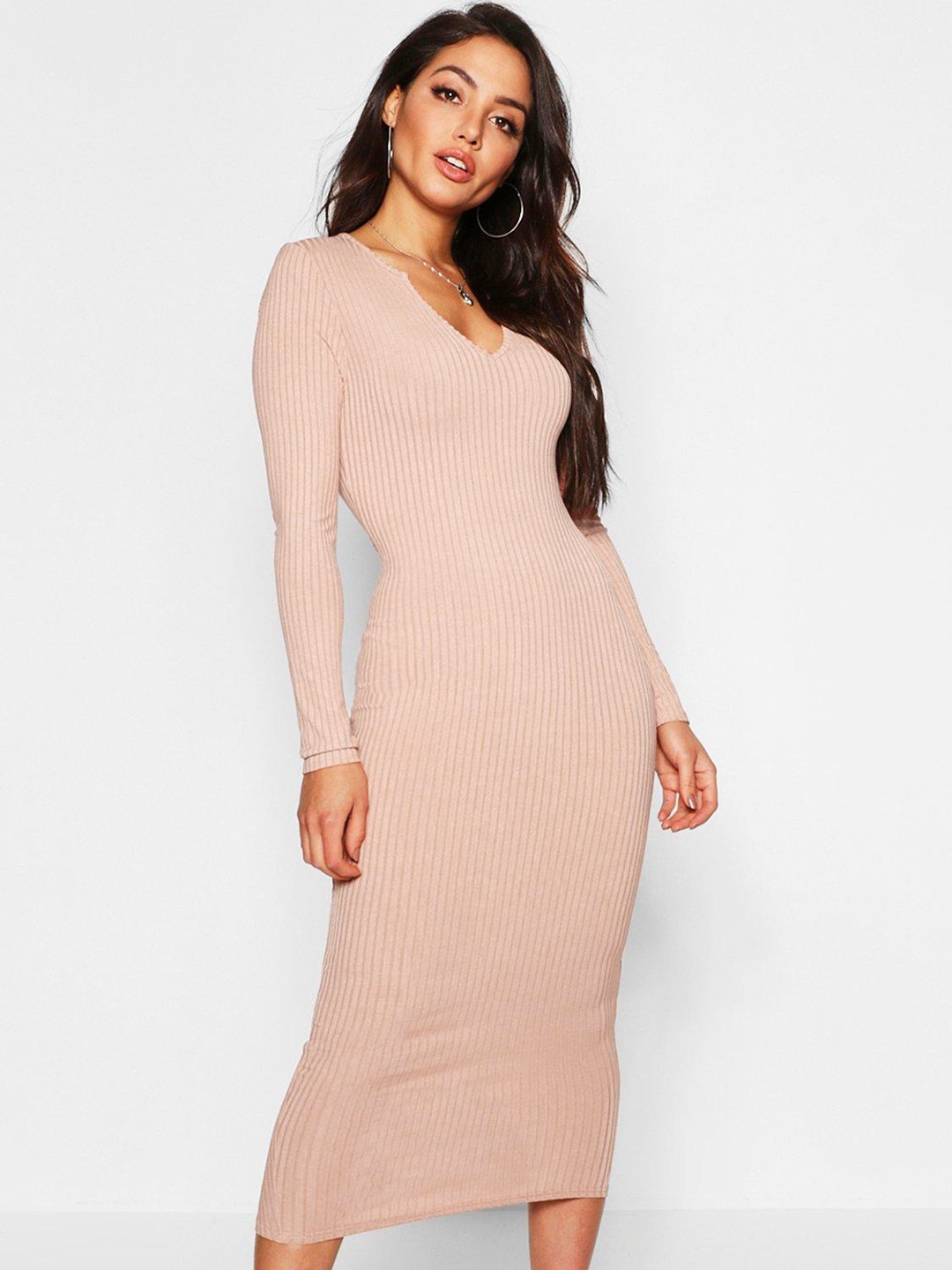 

Boohoo Ribbed Sheath Midi Dress, Pink