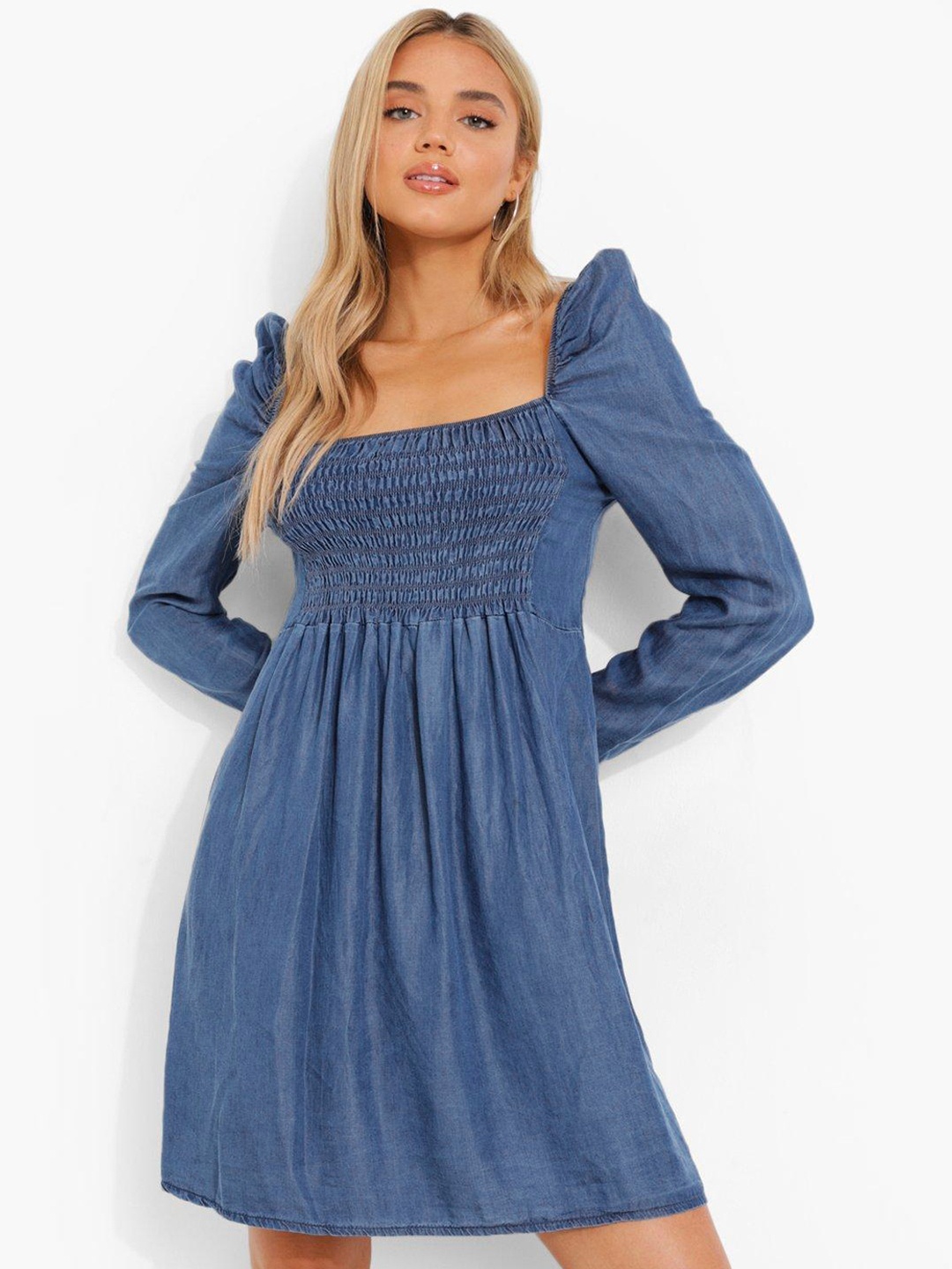 

Boohoo Chambray Smocked A-Line Dress, Blue