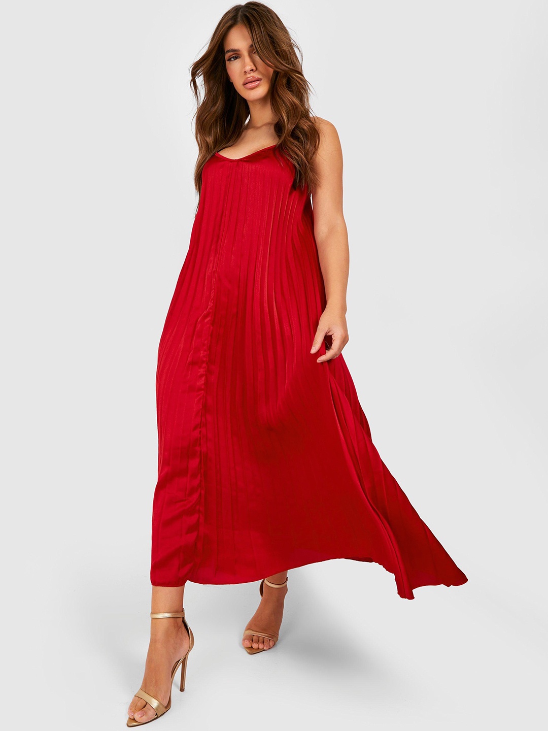 

Boohoo Pleated Satin Finish Maxi Dress, Red