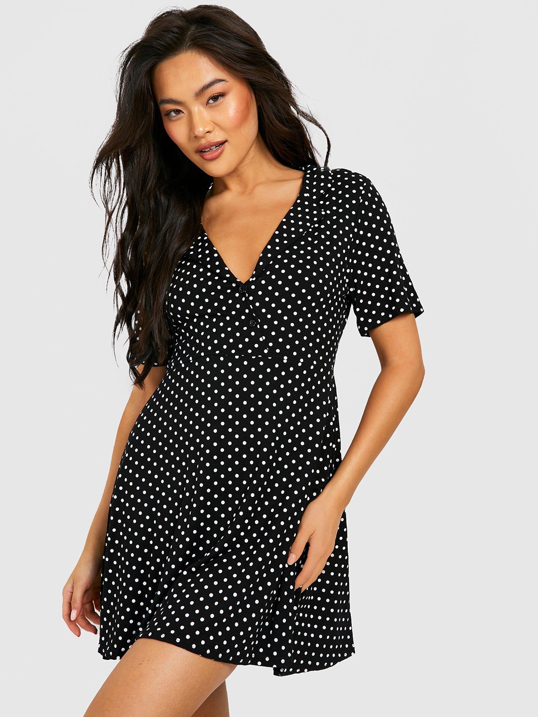 

Boohoo Polka Dots Printed A-Line Mini Dress, Black