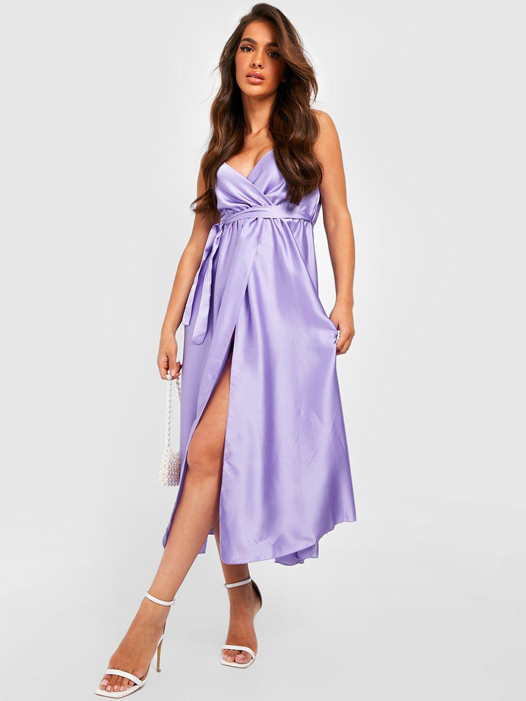

Boohoo Wrap A-Line Midi Dress With Belt, Lavender