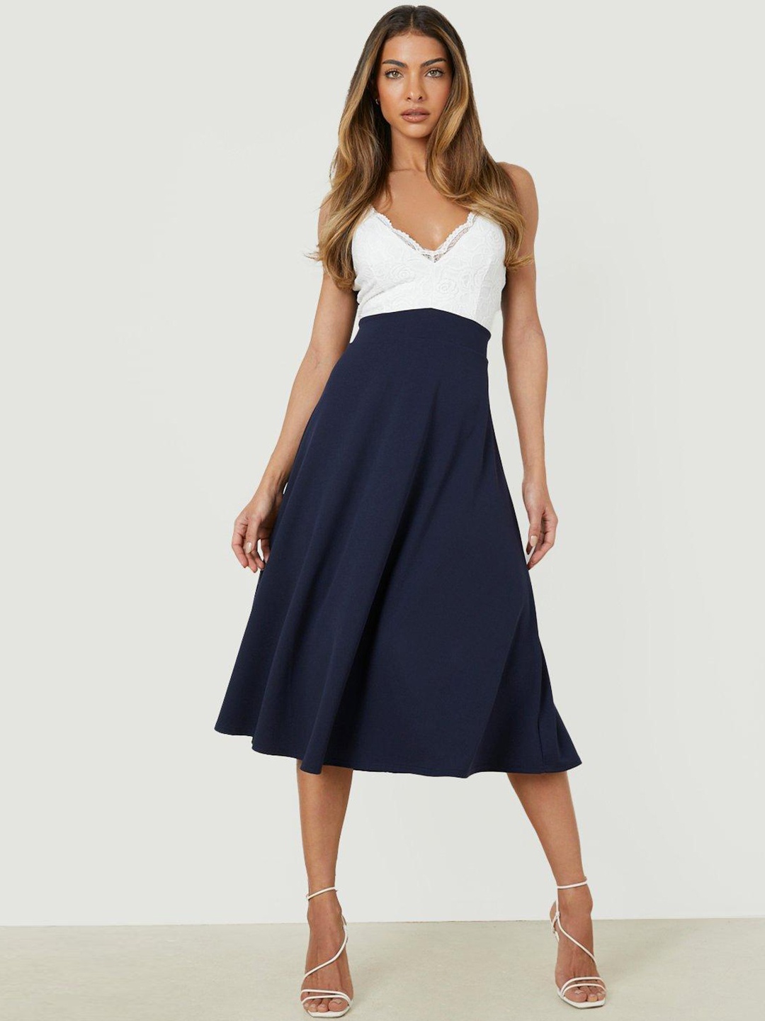 

Boohoo Colourblocked Lace Detail Embroidered A-Line Midi Dress, White