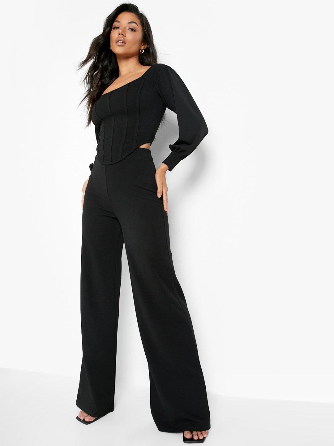 

Boohoo Volume Sleeve Corset Top & Wide Leg Trousers Co-Ord Set, Black