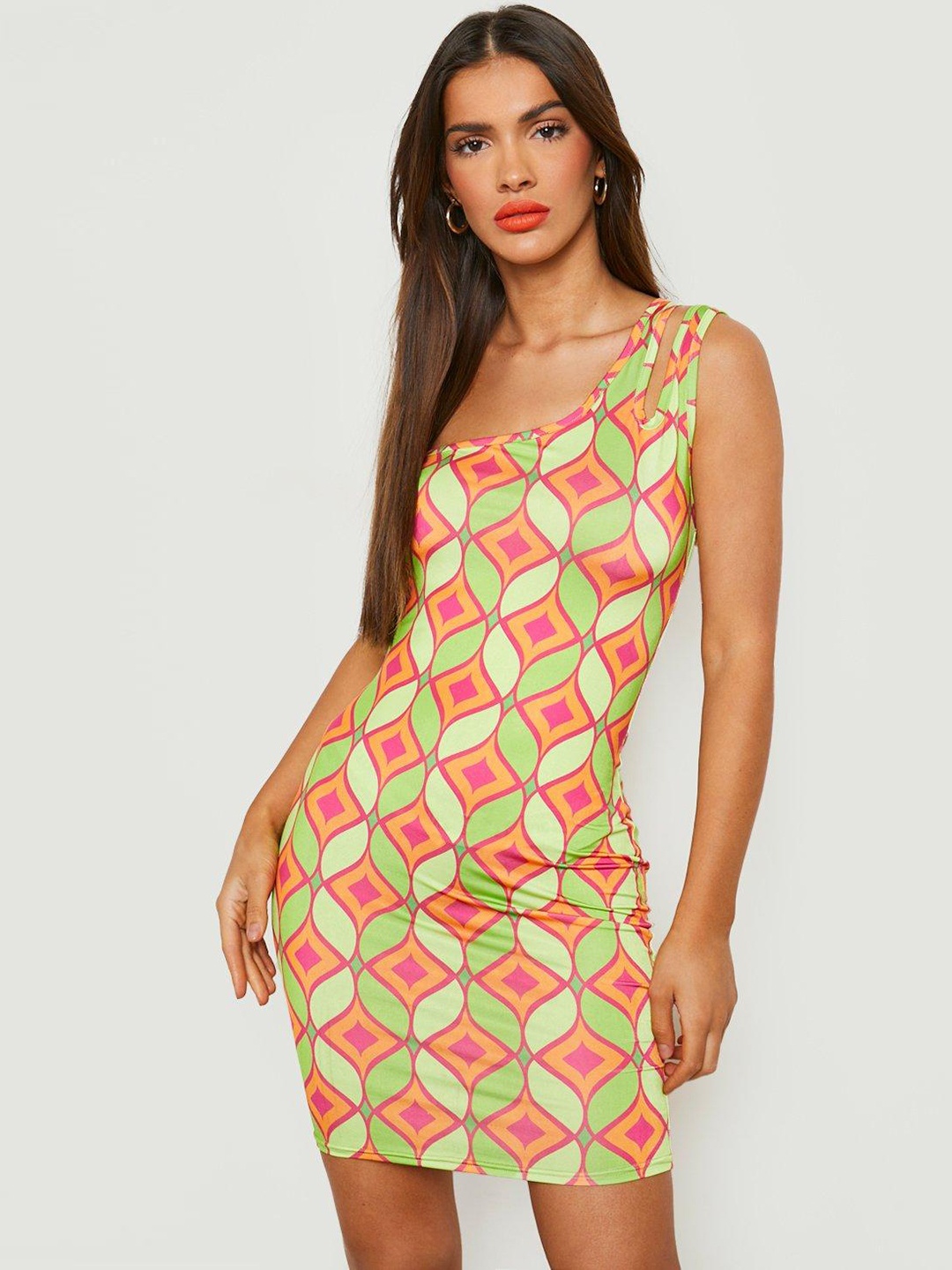 

Boohoo Geometric Printed One Shoulder Sheath Dress, Green