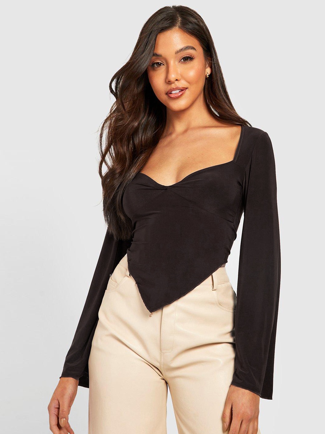 

Boohoo Corset-Style Flared Sleeves Crop Top, Brown