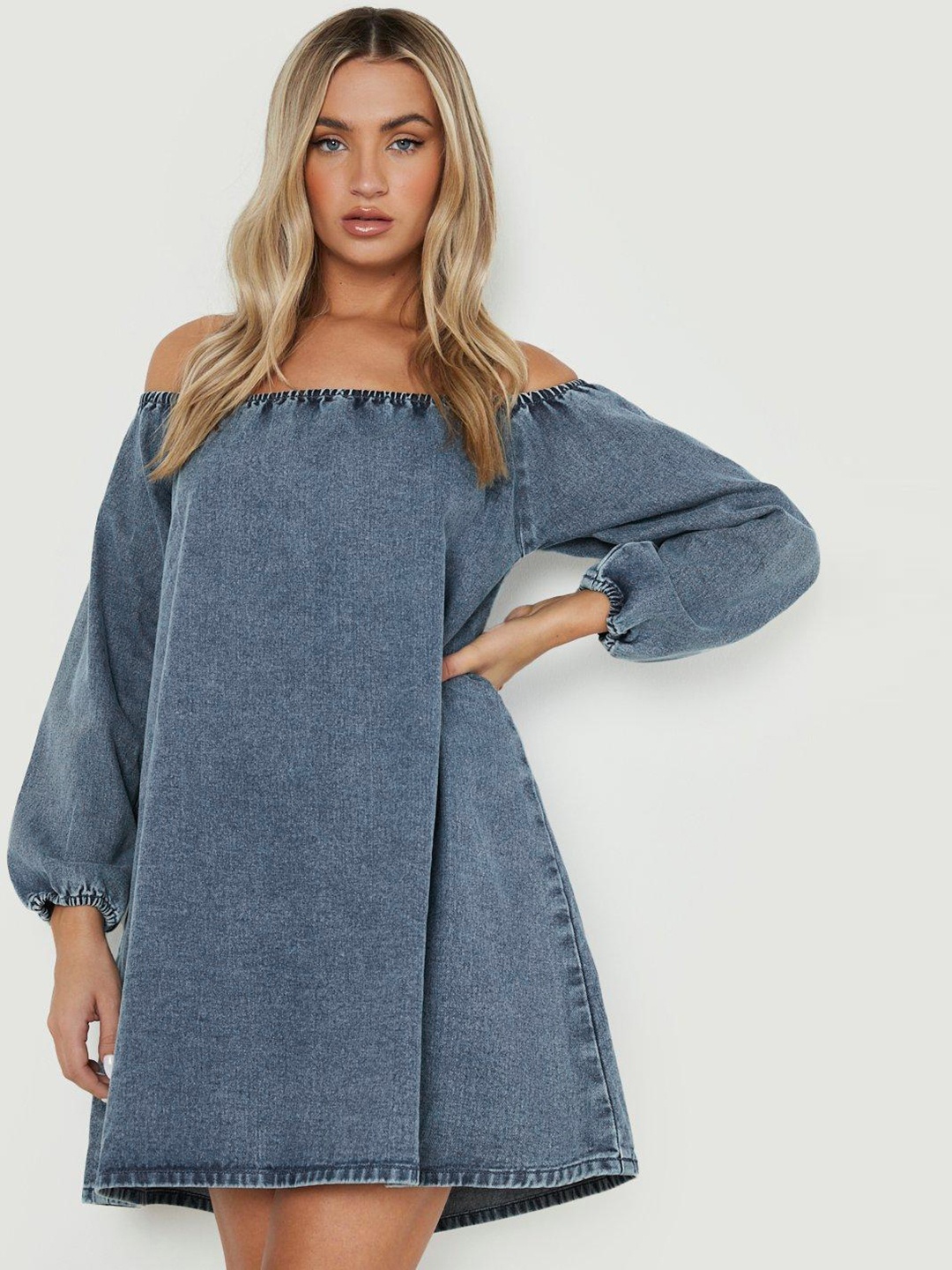 

Boohoo Off-Shoulder Denim A-Line Mini Dress, Blue