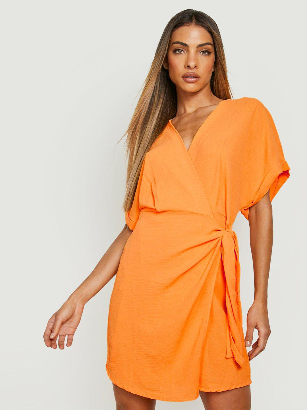 

Boohoo Plunge V-Neck Wrap Mini Dress, Orange