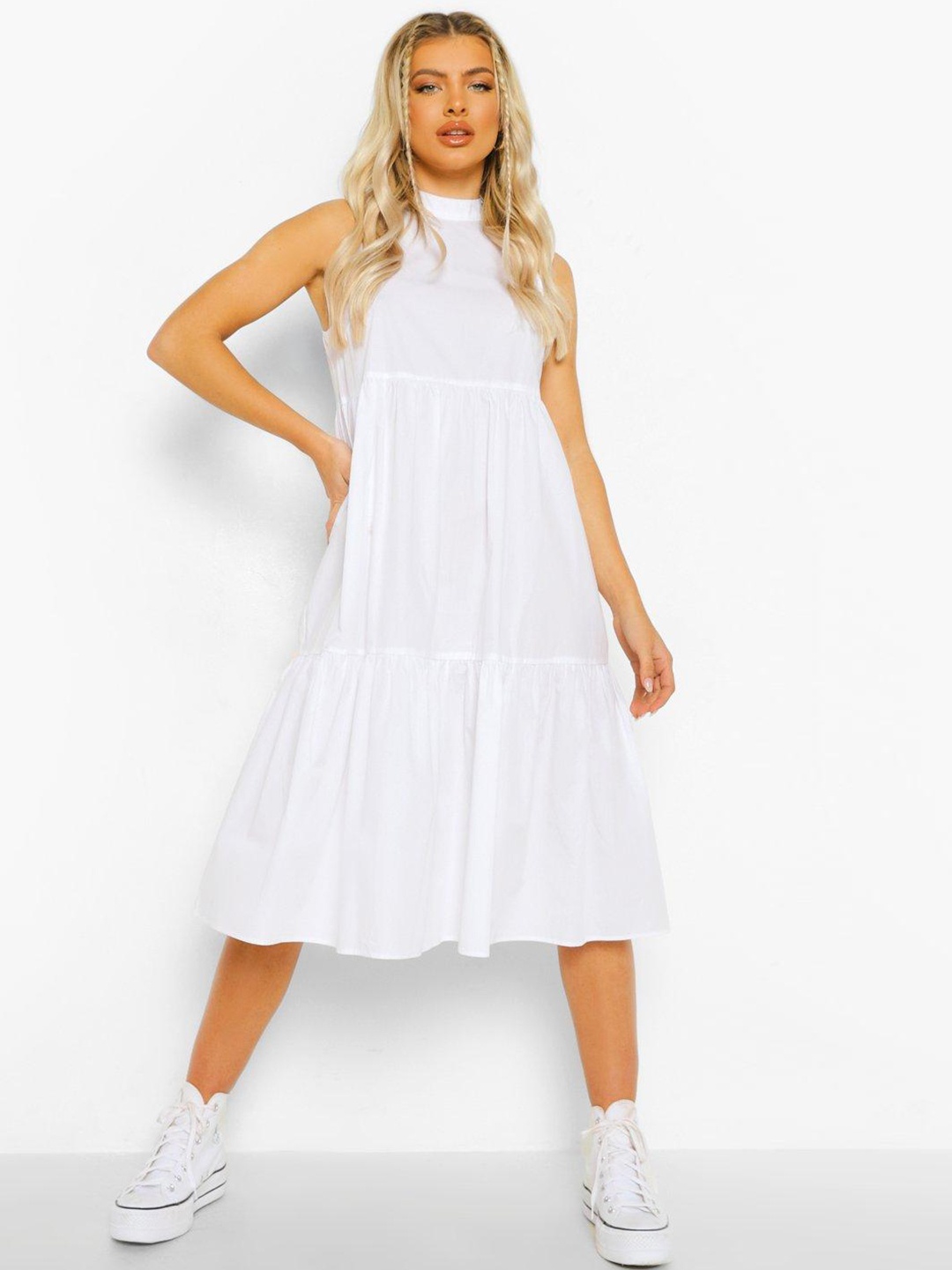 

Boohoo High Neck Tiered A-Line Midi Dress, White