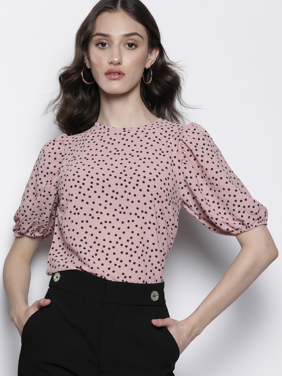 

Boohoo Polka-Dots Print Puff Sleeves Regular Top, Peach